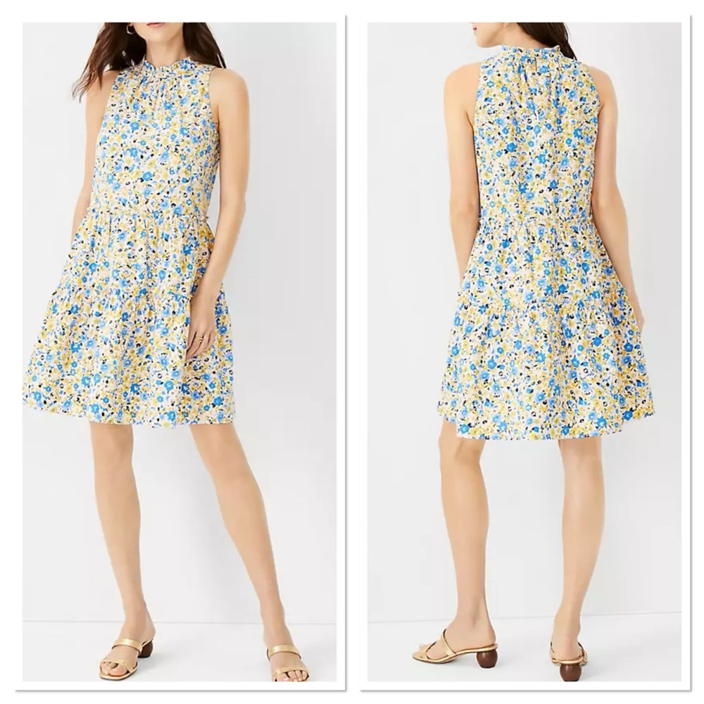 Ann Taylor Floral Tiered Shift Sleeveless Dress in Blue and Yellow Sz L NWT